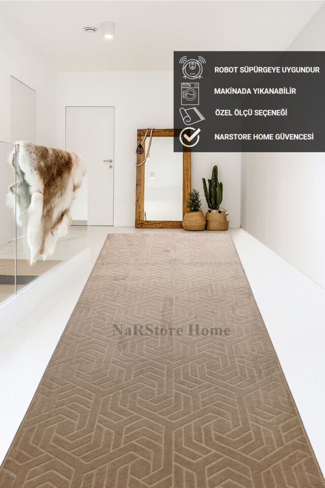 Armoni Saçaklı Kaymaz Tabanlı Kesme Kabartmalı Salon Koridor Mutfak Hali Kahverengi KAHVERENGİ - 100 x 230