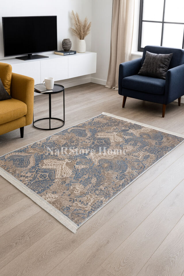 Dinar Saçaklı Diana Mavi Bej Kaymaz Taban Kesme Yolluk Halı Modern Desen 120 x 450 - Turkuaz