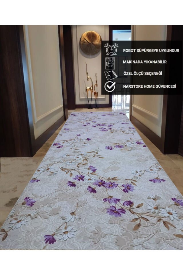 ELİT KABARTMALI KREM BEJ YIKANABİLİR KAYMAZ TABAN KESME YOLLUK HALI Lila - 120 X 600