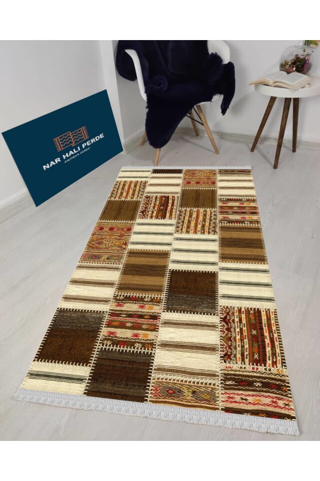 Decoser Nova 4013 Kahverengi Patchwork Kaymaz Yıkanabilir Kilim KAHVERENGİ - 80 x 150