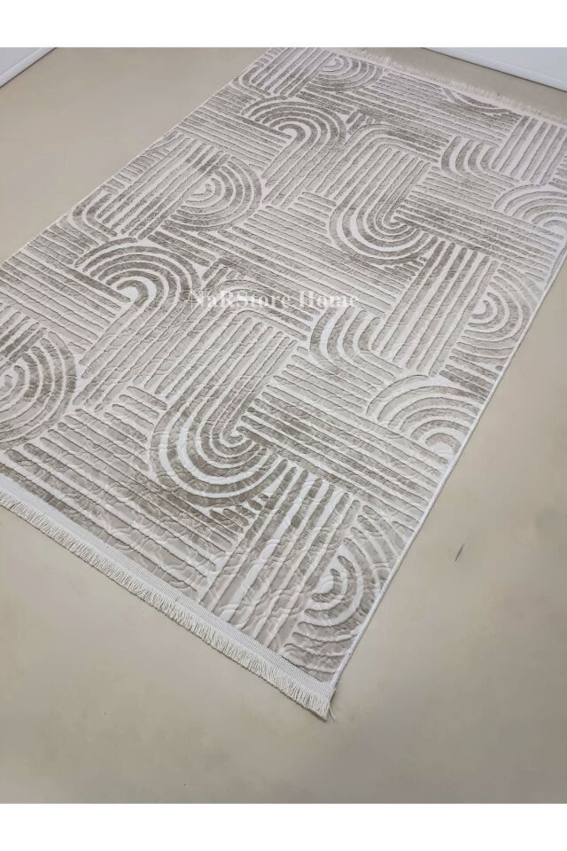 ELİT OSSO GRİ BEYAZ SAÇAKLI KABARTMALI KAYMAZ TABAN YIKANABİLİR KESME YOLLUK HALI 150 x 500 - Krem