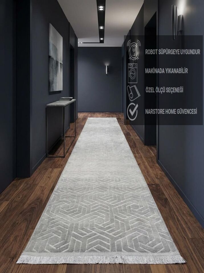 Dinar Armoni Saçaklı Kaymaz Tabanlı Kesme Kabartmalı Yıkanabilir Salon Koridor Halı Yolluk 80 x 600 - GRİ