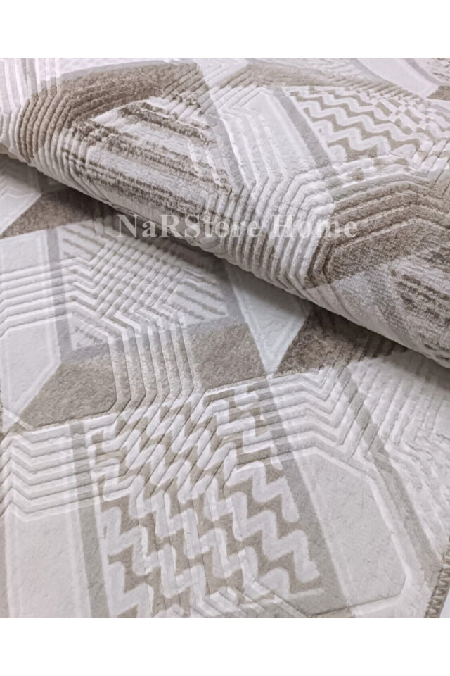 Dinar Motif Bej Kahverengi Kaymaz Taban Kesme Yolluk Halı Modern Desen 80 x 400 - BEJ