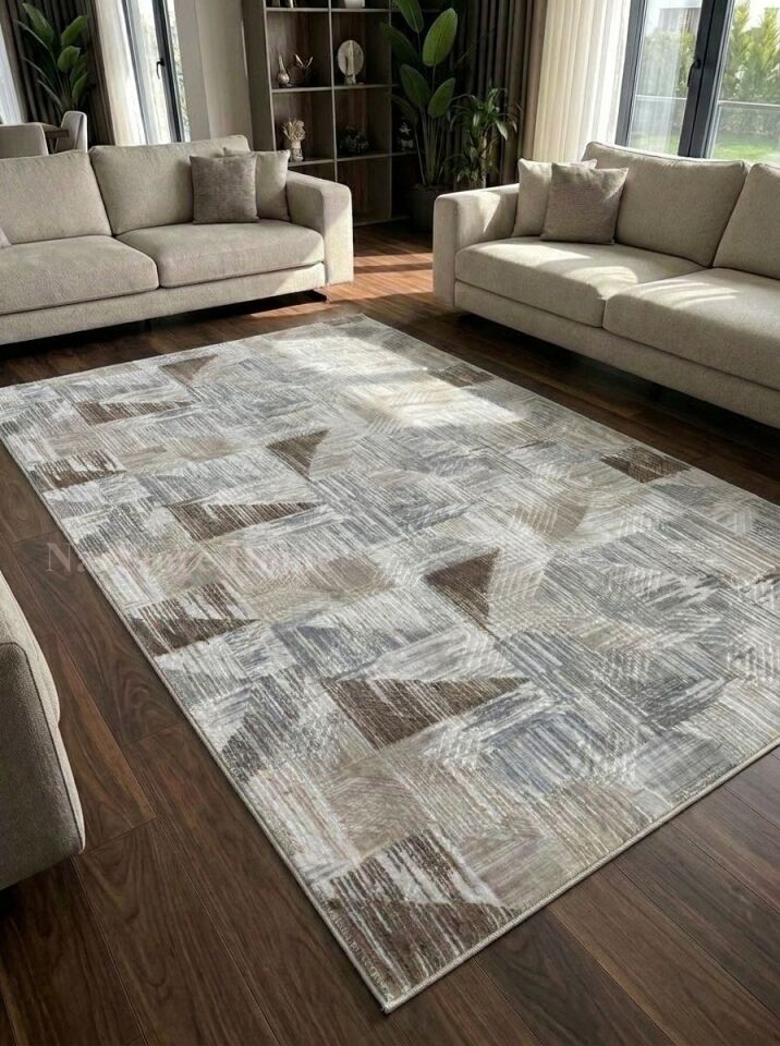 Gri Kahve Krem Kaymaz Taban Yıkanabilir Kesme Yolluk Halı Modern Desen 100 x 350 - GRİ