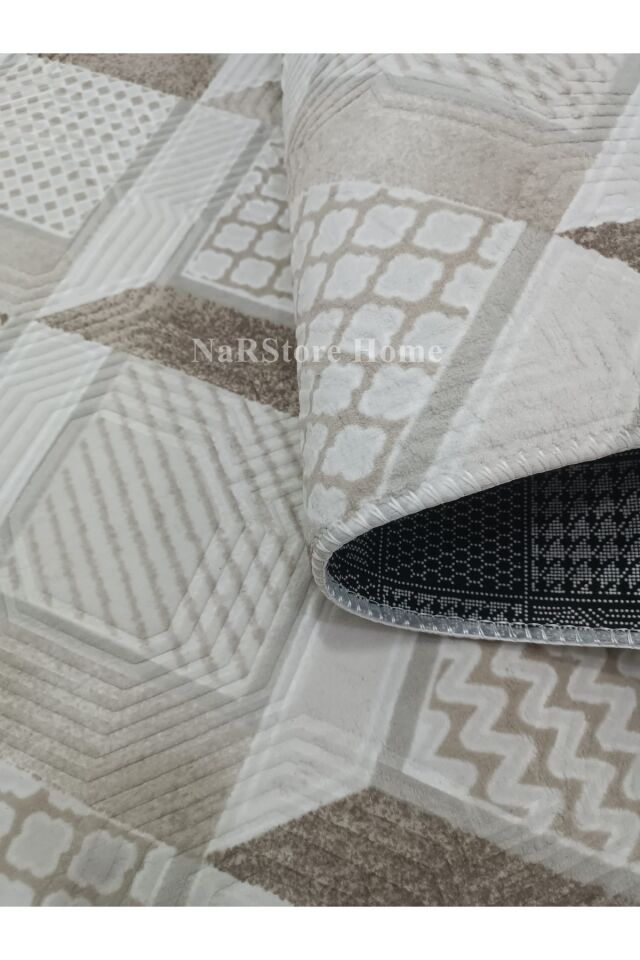 Dinar Motif Bej Kahverengi Kaymaz Taban Kesme Yolluk Halı Modern Desen 200 x 300 - KAHVERENGİ