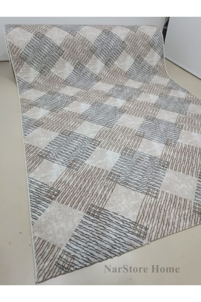 Krem Kahverengi Saçaklı Modern Kaymaz Taban Yıkanabilir Kesme Yolluk Halı 100 x 350 - BEJ
