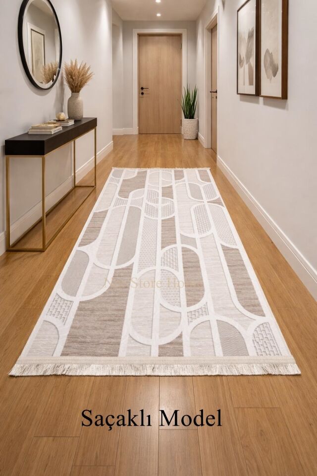 Kaymaz Taban Saçaklı Krem Bej Modern Geometrik Yıkanabilir Koridor Salon Mutfak Yolluk Halı