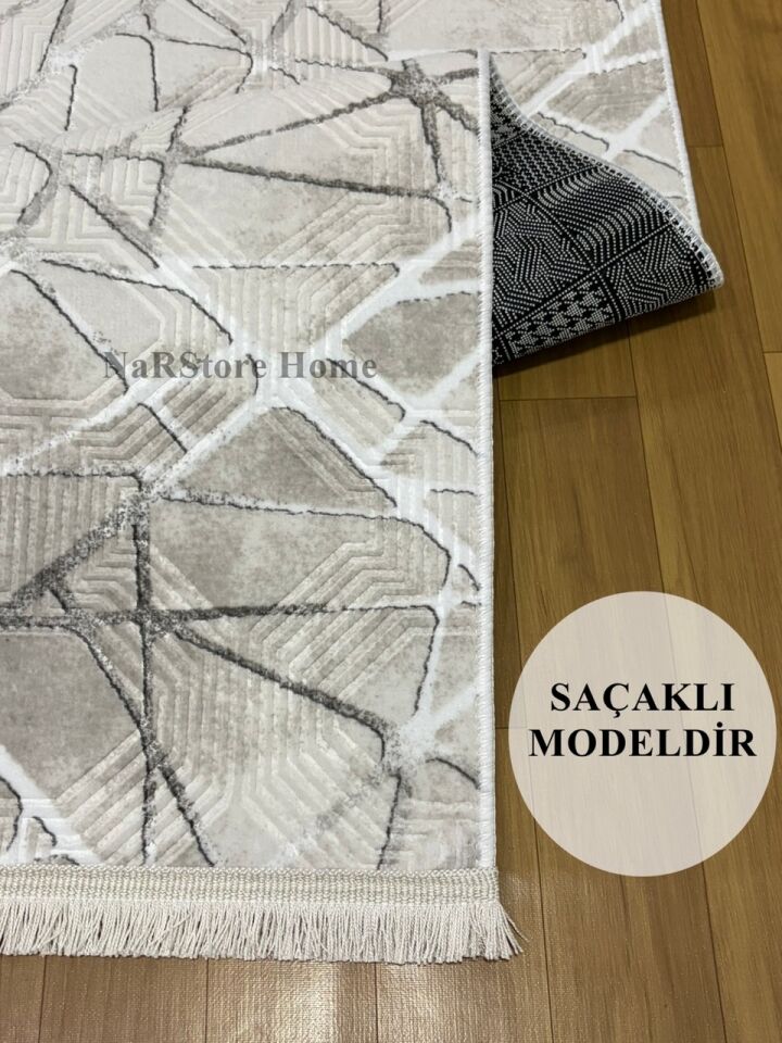 Dinar Saçaklı Mila Taş Gri Kaymaz Taban Yıkanabilir Kesme Yolluk Halı Modern Desen 80 x 450 - Gri2