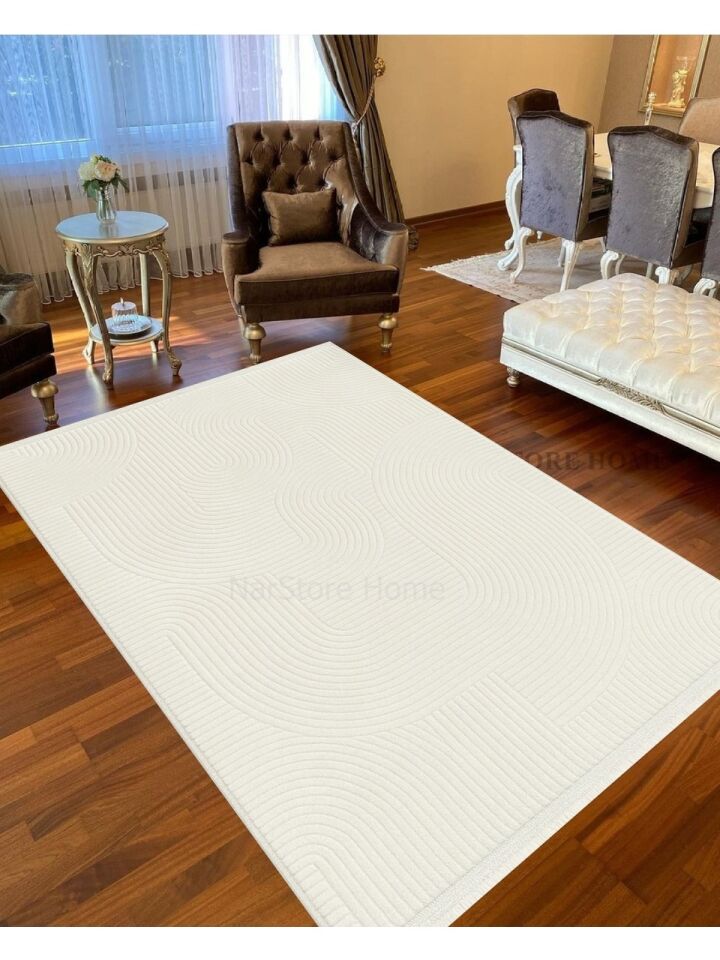 Rölyef Joy Krem Kaymaz Yıkanabilir Taban Kesme Salon Mutfak Halı Yolluk 80 x 170 - Beyaz