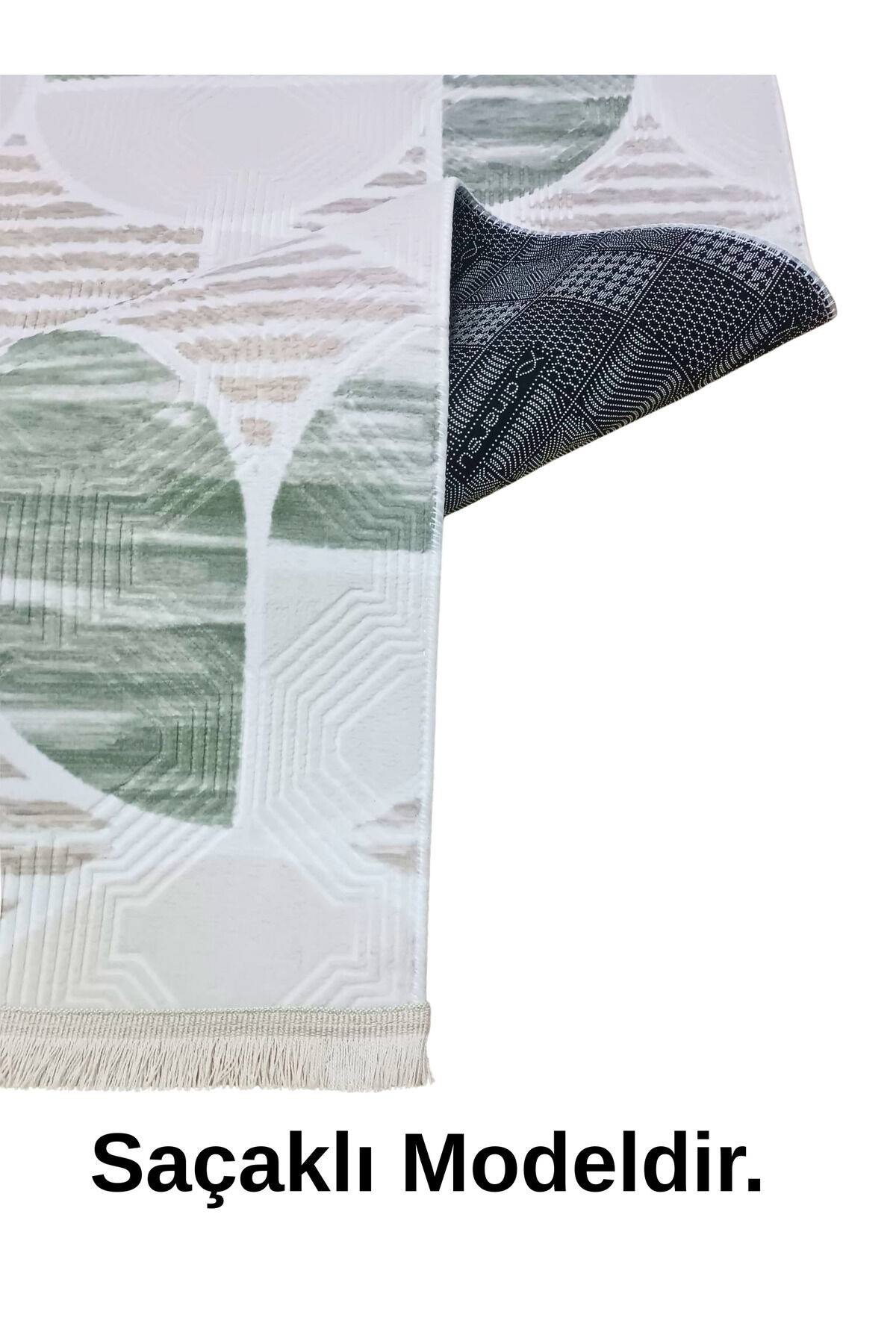 Dinar Geometrik Desen Saçaklı Yeşil Kaymaz Taban Yıkanabilir Kesme Yolluk Halı 100 x 650 - Krem