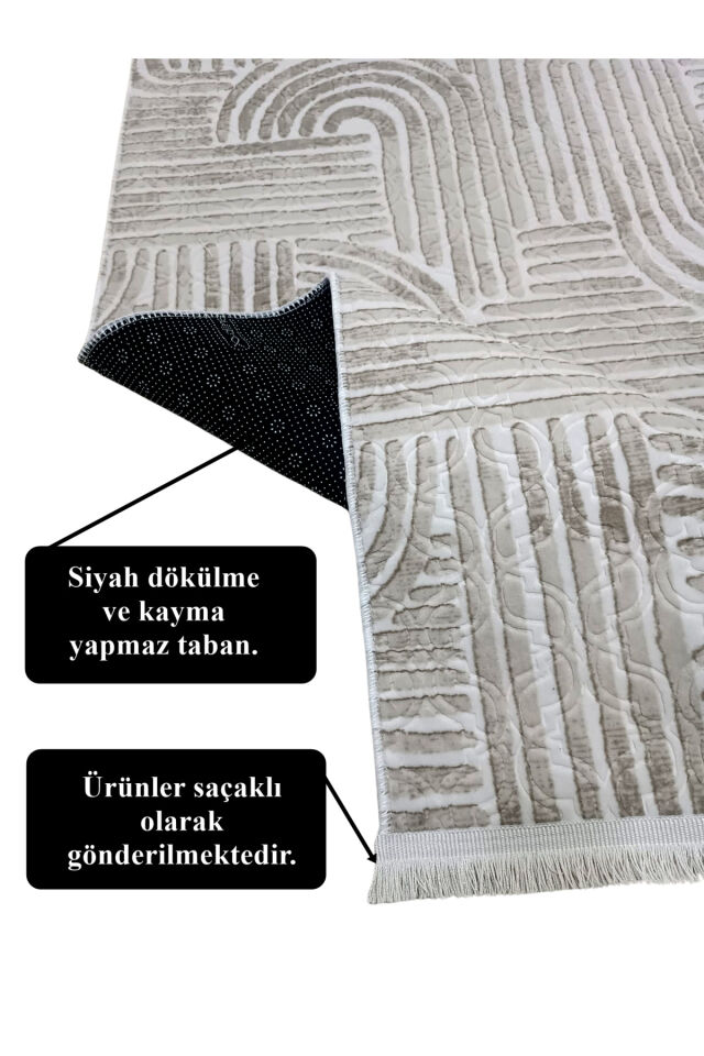 ELİT OSSO GRİ BEYAZ SAÇAKLI KABARTMALI KAYMAZ TABAN YIKANABİLİR KESME YOLLUK HALI 150 x 450 - Krem