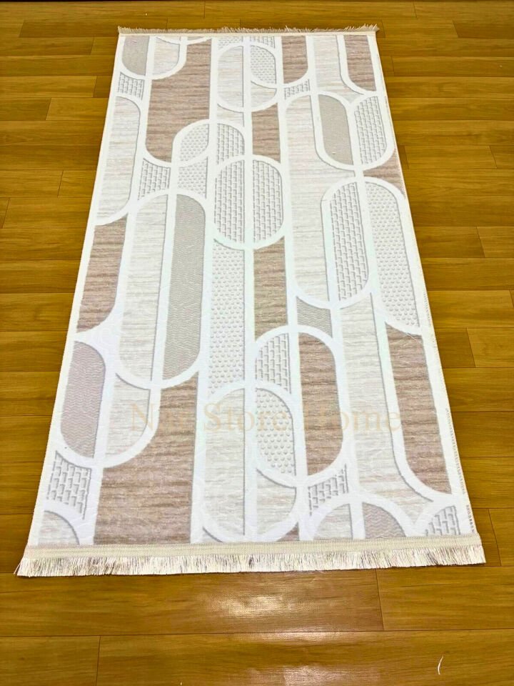 Kaymaz Taban Saçaklı Krem Bej Modern Geometrik Yıkanabilir Koridor Salon Mutfak Yolluk Halı 80 x 370 - BEJ
