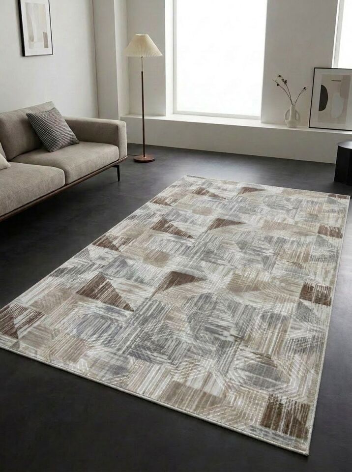 Gri Kahve Krem Kaymaz Taban Yıkanabilir Kesme Yolluk Halı Modern Desen 120 x 700 - GRİ