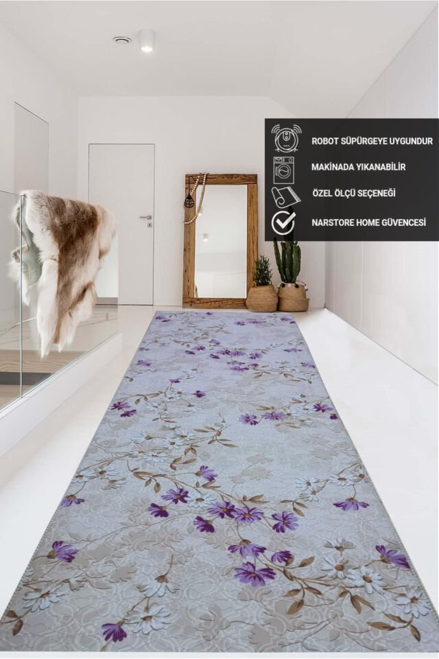ELİT KABARTMALI KREM BEJ YIKANABİLİR KAYMAZ TABAN KESME YOLLUK HALI Lila - 80 X 550