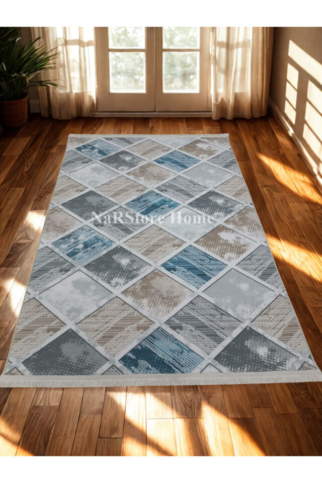 Renkli Multi Saçaklı Kaymaz Tabanlı Kesme Yıkanabilir Hali Yolluk MAVİ - 40 x 60