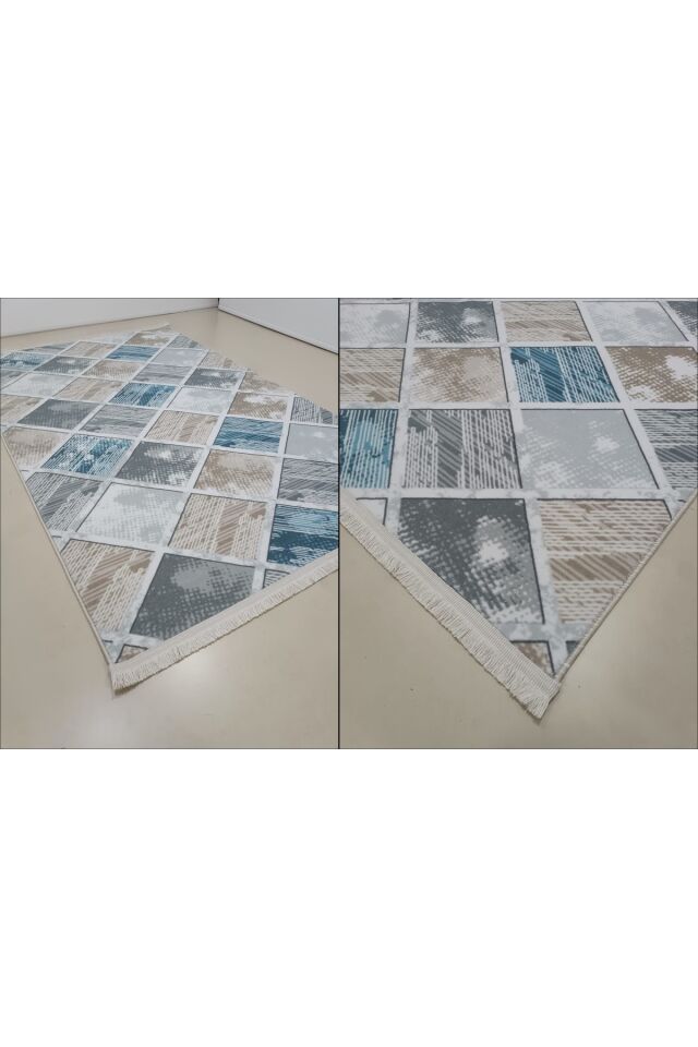 Renkli Multi Saçaklı Kaymaz Tabanlı Kesme Yıkanabilir Hali Yolluk MAVİ - 40 x 60