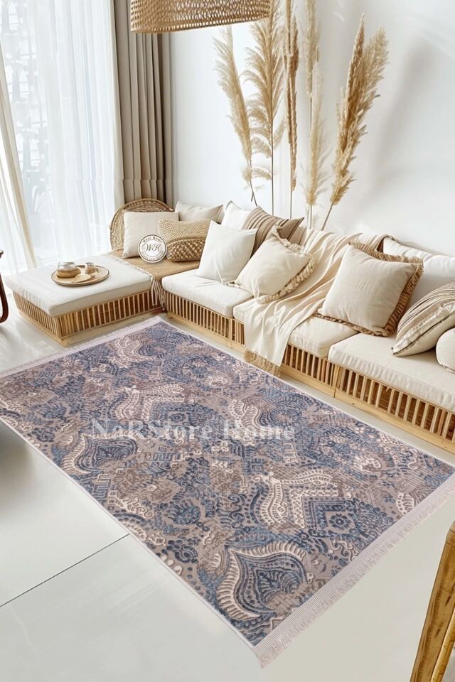 Dinar Saçaklı Diana Mavi Bej Kaymaz Taban Kesme Yolluk Halı Modern Desen Turkuaz - 80 X 450