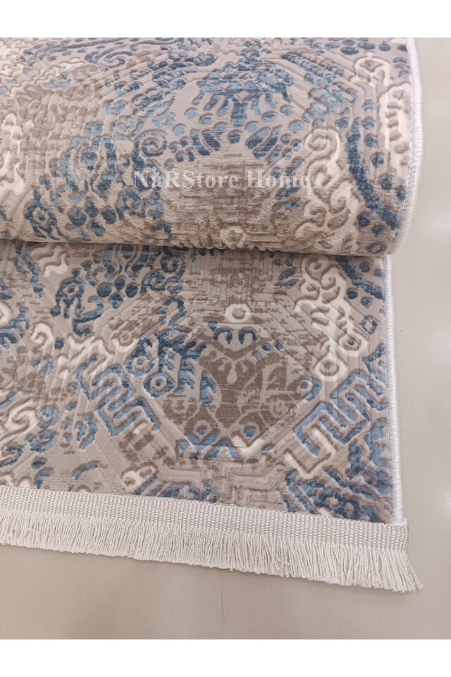 Dinar Saçaklı Diana Mavi Bej Kaymaz Taban Kesme Yolluk Halı Modern Desen Turkuaz - 200 X 600