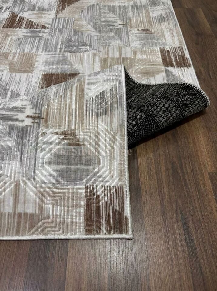 Gri Kahve Krem Kaymaz Taban Yıkanabilir Kesme Yolluk Halı Modern Desen 200 x 275 - GRİ