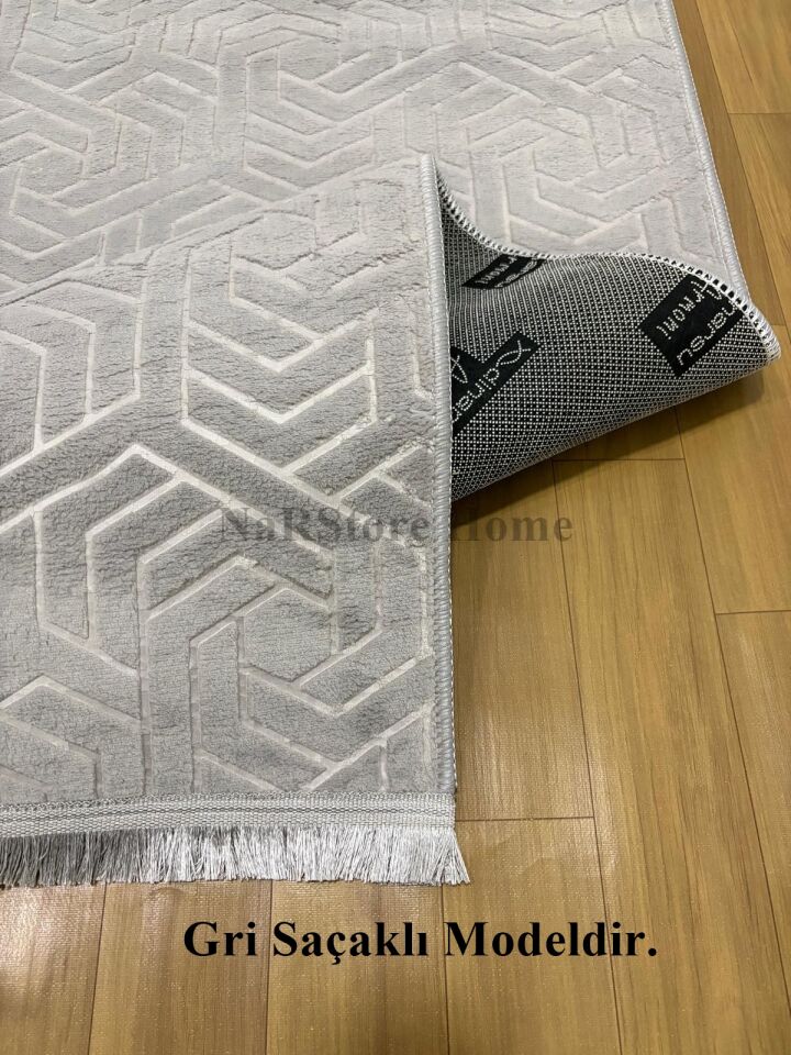 Dinar Armoni Saçaklı Kaymaz Tabanlı Kesme Kabartmalı Yıkanabilir Salon Koridor Halı Yolluk GRİ - 150 x 450