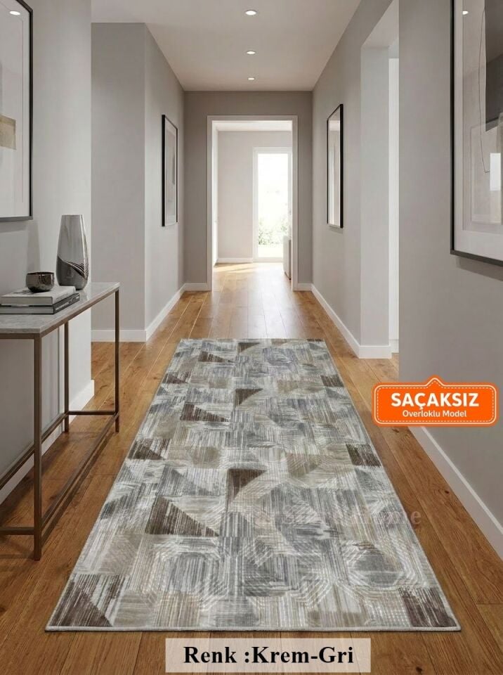 Gri Kahve Krem Kaymaz Taban Yıkanabilir Kesme Yolluk Halı Modern Desen 200 x 550 - GRİ