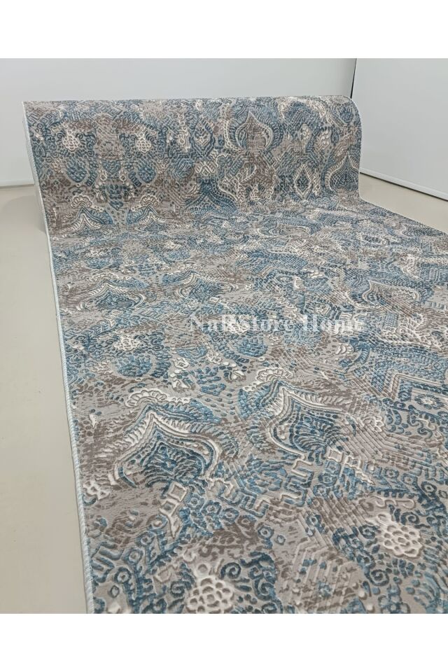 Dinar Saçaklı Diana Mavi Bej Kaymaz Taban Kesme Yolluk Halı Modern Desen 100 x 800 - MAVİ