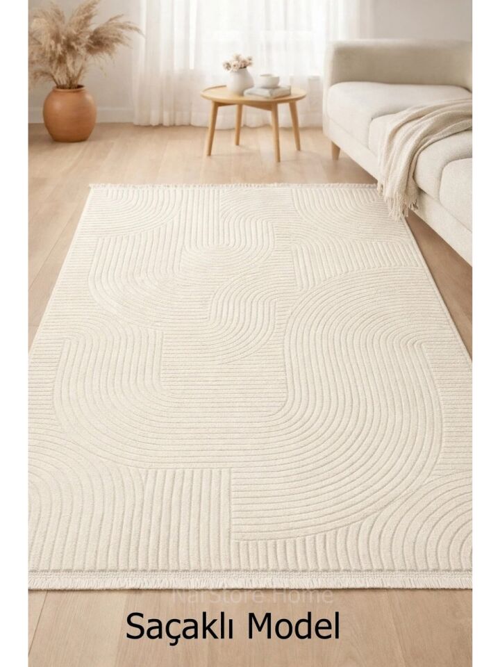 Rölyef Joy Krem Kaymaz Yıkanabilir Taban Kesme Salon Mutfak Halı Yolluk 100 x 320 - Beyaz
