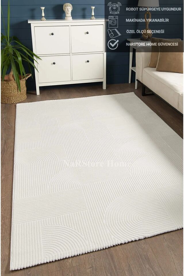 Rölyef Joy Krem Saçaklı Kaymaz Taban Kesme Halı Yolluk Açık Bej - 120 x 300