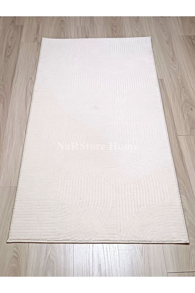 Rölyef Joy Krem Saçaklı Kaymaz Taban Kesme Halı Yolluk Açık Bej - 120 x 300