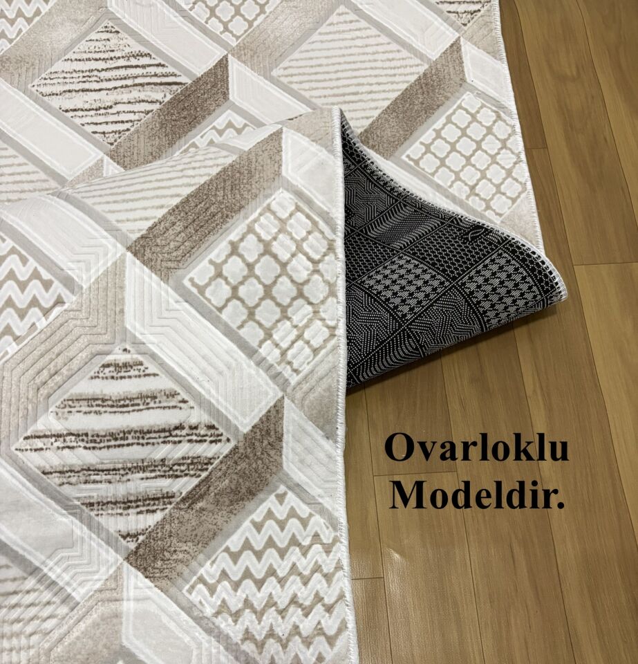 Dinar Motif Bej Kahverengi Kaymaz Taban Kesme Yolluk Halı Modern Desen 80 x 400 - KAHVERENGİ