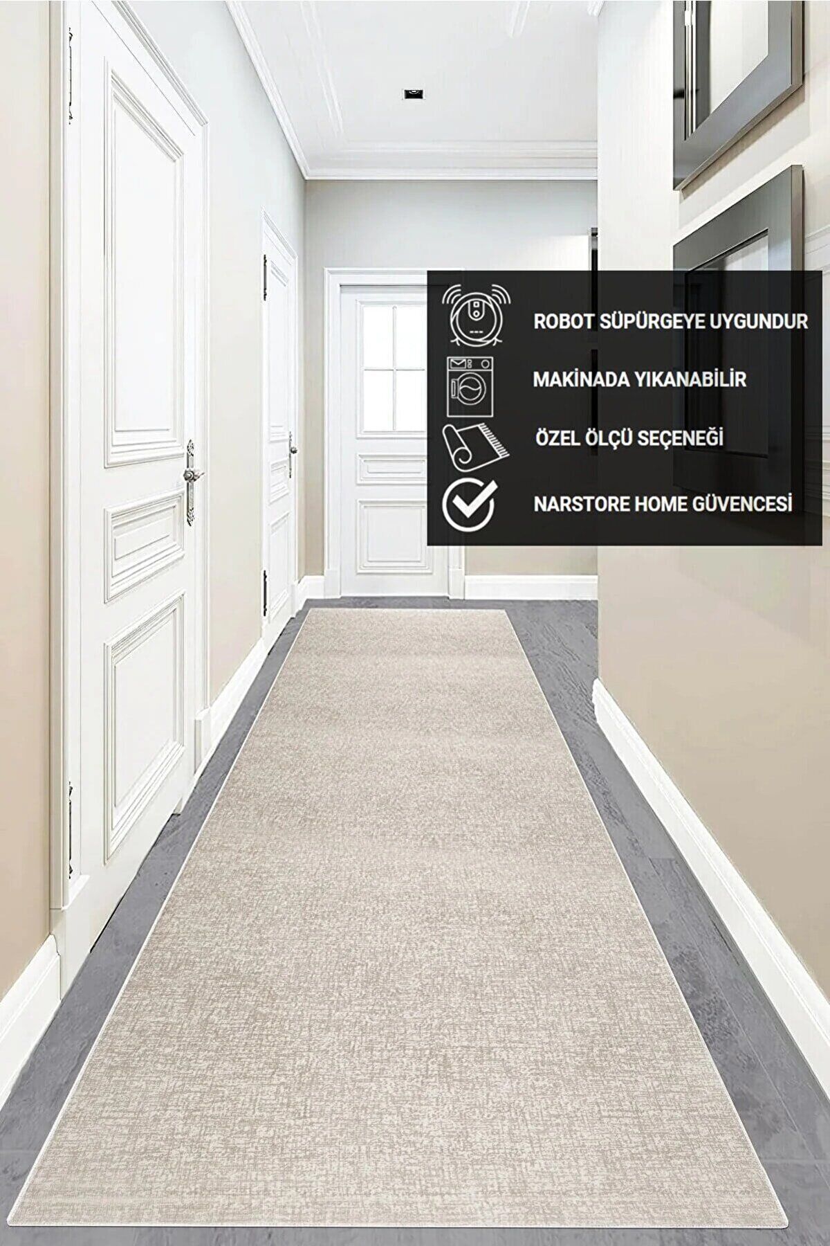 Düz Desen Gri Kaymaz Taban Kesme Yıkanabilir Halı Yolluk 80 x 480 - BEJ