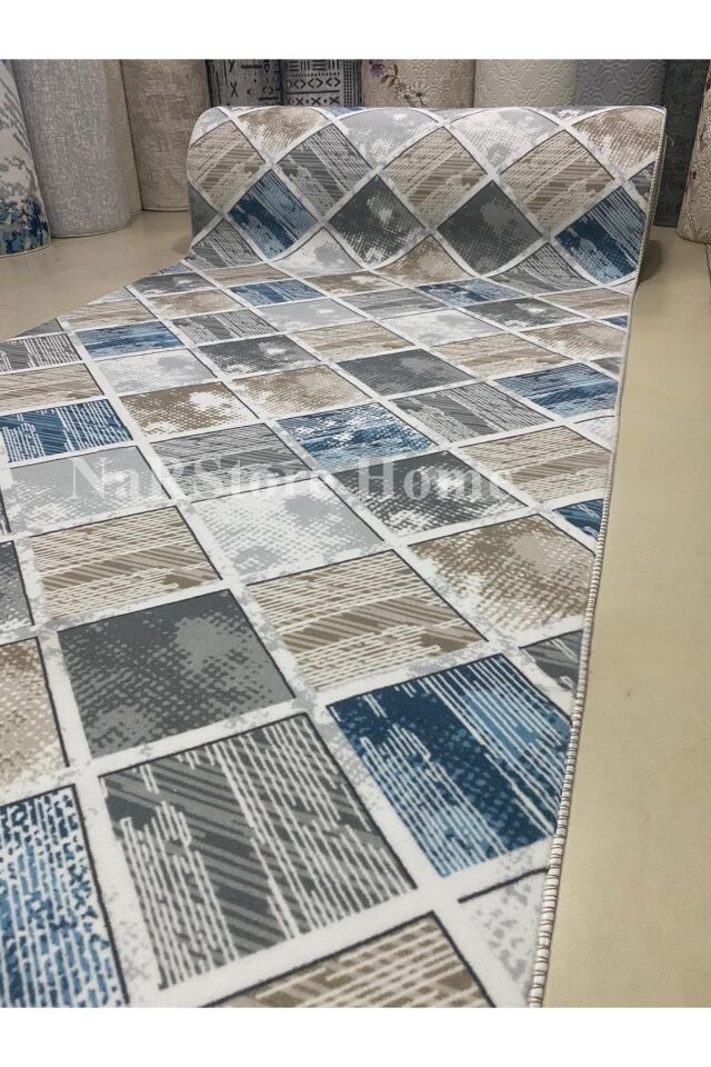Kahve Gri Kaymaz Taban Yıkanabilir Kesme Yolluk Salon Mutfak Oturma Odası Halı Mavi-Gri-Kahve - 200 X 250
