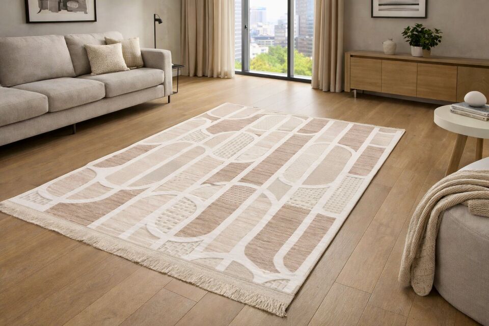 Kaymaz Taban Saçaklı Krem Bej Modern Geometrik Yıkanabilir Koridor Salon Mutfak Yolluk Halı 120 x 500 - BEJ