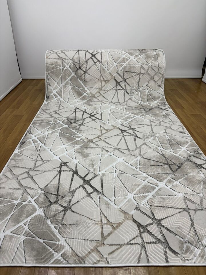 Dinar Saçaklı Mila Taş Gri Kaymaz Taban Yıkanabilir Kesme Yolluk Halı Modern Desen 100 x 650 - Gri1