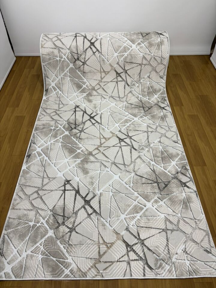 Dinar Saçaklı Mila Taş Gri Kaymaz Taban Yıkanabilir Kesme Yolluk Halı Modern Desen 100 x 650 - Gri1