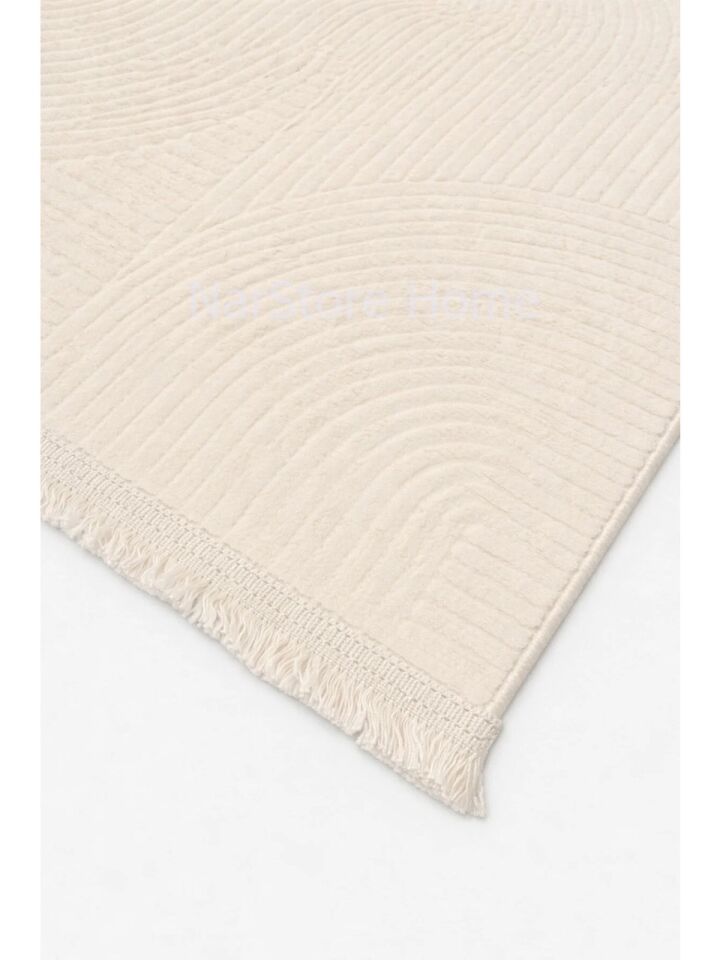 Rölyef Joy Krem Kaymaz Yıkanabilir Taban Kesme Salon Mutfak Halı Yolluk 120 x 220 - Beyaz