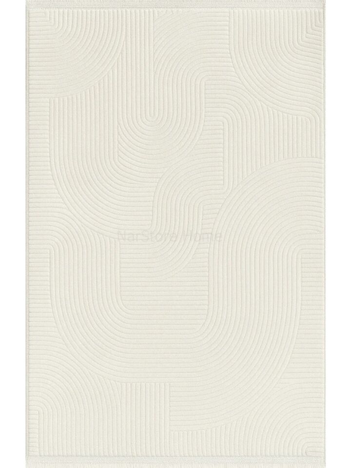 Rölyef Joy Krem Kaymaz Yıkanabilir Taban Kesme Salon Mutfak Halı Yolluk 120 x 220 - Beyaz