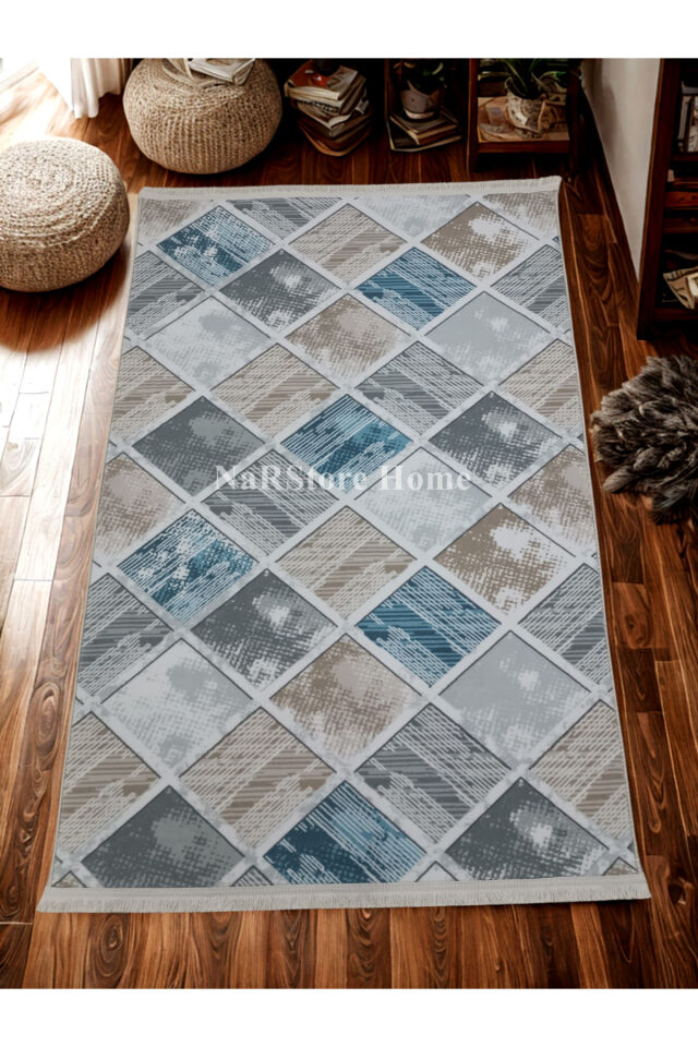 Renkli Multi Saçaklı Kaymaz Tabanlı Kesme Yıkanabilir Hali Yolluk MAVİ - 150 x 250