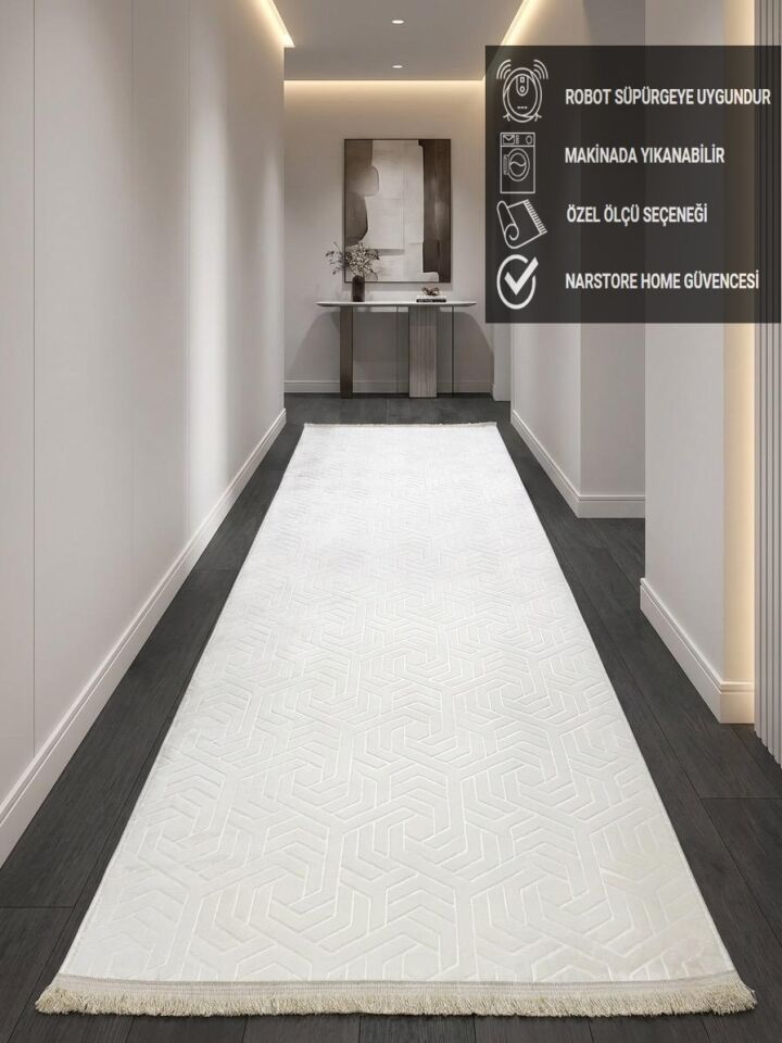 Dinar Armoni Saçaklı Kaymaz Tabanlı Kesme Kabartmalı Yıkanabilir Salon Koridor Halı Yolluk 80 x 200 - Krem