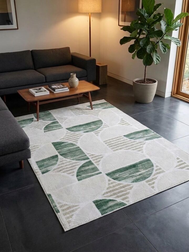 Krem Yeşil Modern Yıkanabilir Kabartmalı Kaymaz Taban Kesme Halı Yolluk 80 x 500 - YEŞİL