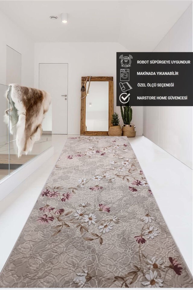 ELİT KABARTMALI KREM BEJ YIKANABİLİR KAYMAZ TABAN KESME YOLLUK HALI Pembe - 150 X 400