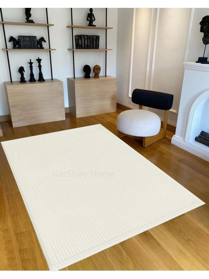 Rölyef Joy Krem Kaymaz Yıkanabilir Taban Kesme Salon Mutfak Halı Yolluk 120 x 600 - Beyaz