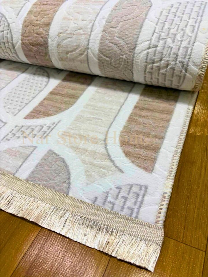 Kaymaz Taban Saçaklı Krem Bej Modern Geometrik Yıkanabilir Koridor Salon Mutfak Yolluk Halı 150 x 250 - BEJ