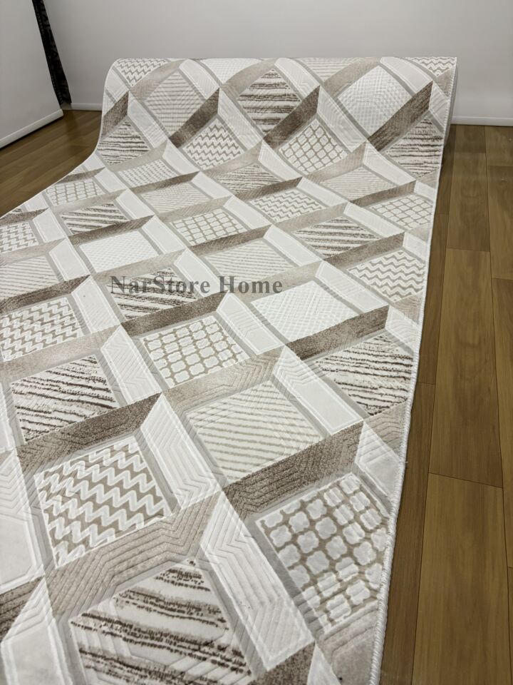Dinar Motif Bej Kahverengi Kaymaz Taban Kesme Yolluk Halı Modern Desen 80 x 120 - KAHVERENGİ