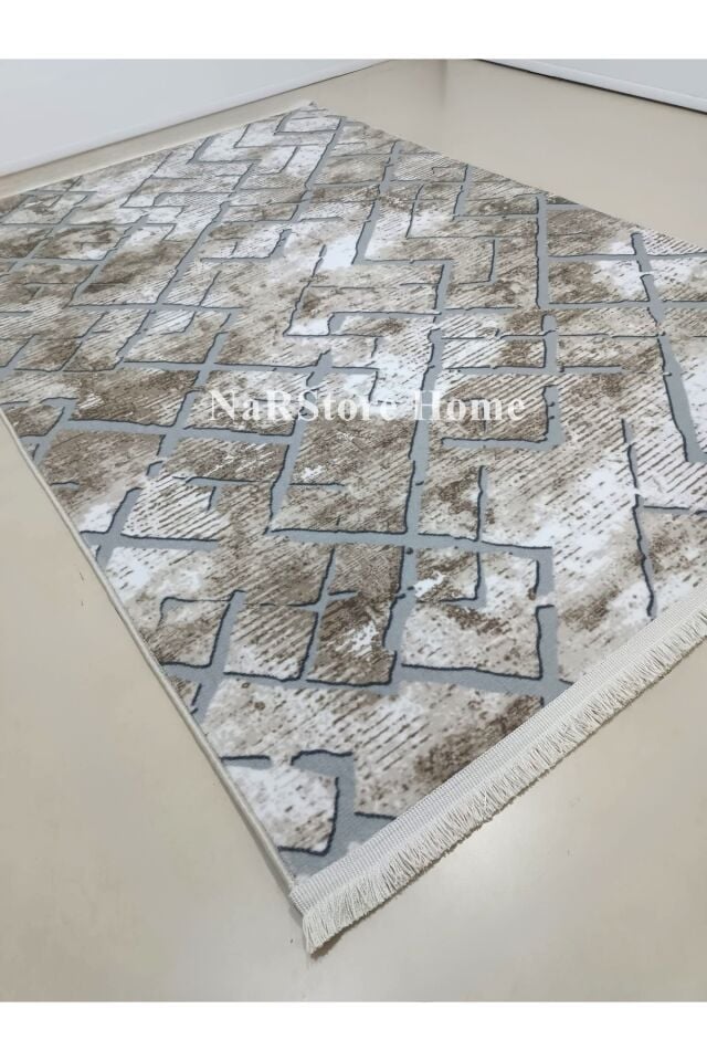 Renkli Multi Saçaklı Kaymaz Tabanlı Kesme Yıkanabilir Hali Yolluk 200 x 450 - Gri-Kahve