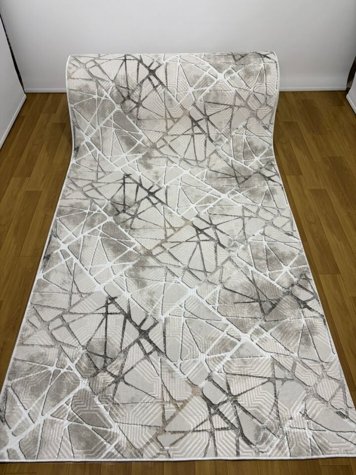 Dinar Saçaklı Mila Taş Gri Kaymaz Taban Yıkanabilir Kesme Yolluk Halı Modern Desen 80 x 300 - Gri1