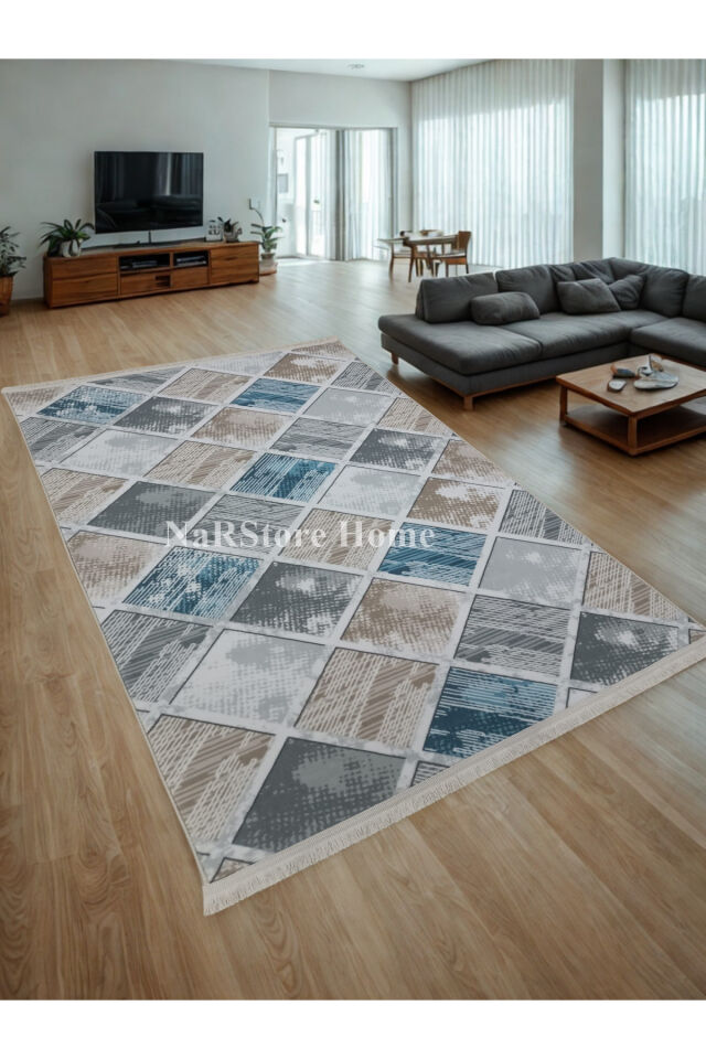 Renkli Multi Saçaklı Kaymaz Tabanlı Kesme Yıkanabilir Hali Yolluk 80 x 800 - MAVİ