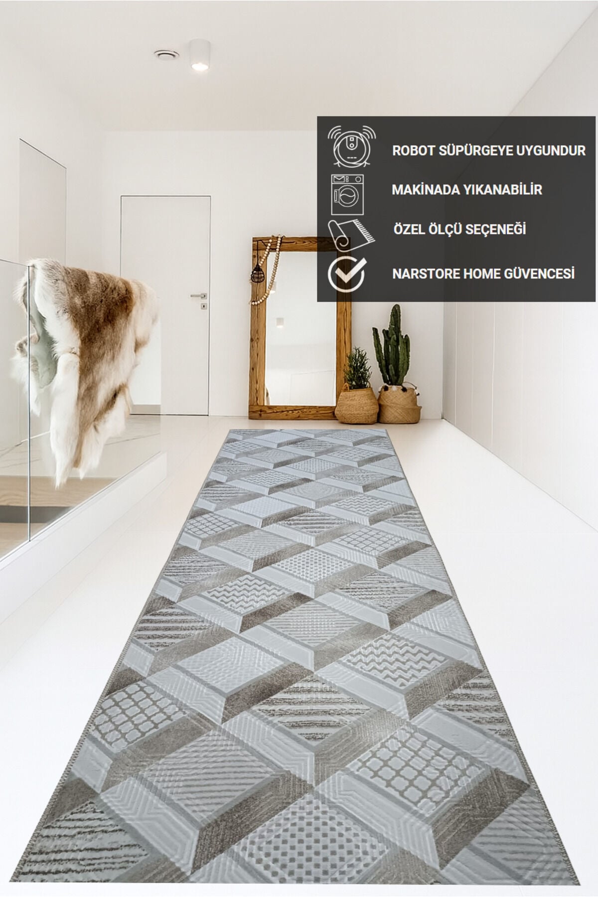 Dinar Motif Bej Kahverengi Kaymaz Taban Kesme Yolluk Halı Modern Desen 200 x 250 - KAHVERENGİ