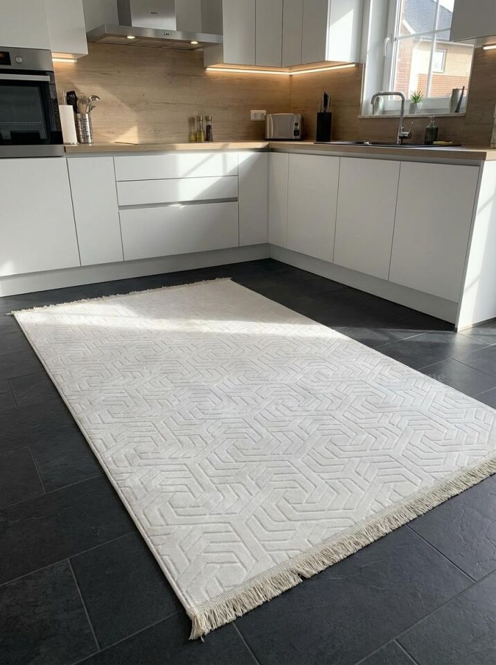 Dinar Armoni Saçaklı Kaymaz Tabanlı Kesme Kabartmalı Yıkanabilir Salon Koridor Halı Yolluk 100 x 250 - Krem