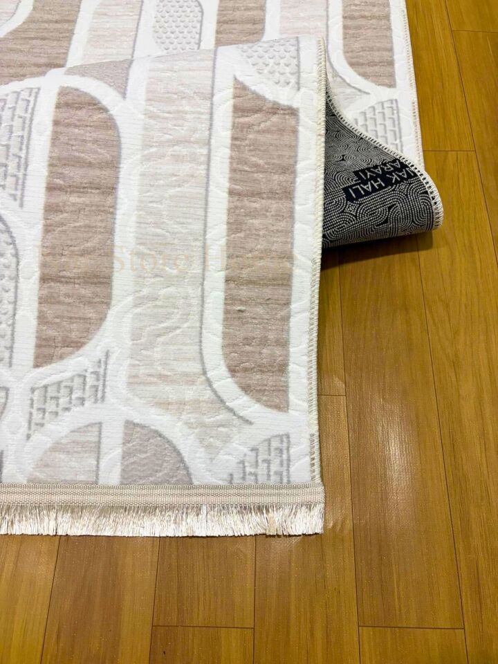 Kaymaz Taban Saçaklı Krem Bej Modern Geometrik Yıkanabilir Koridor Salon Mutfak Yolluk Halı 200 x 700 - BEJ